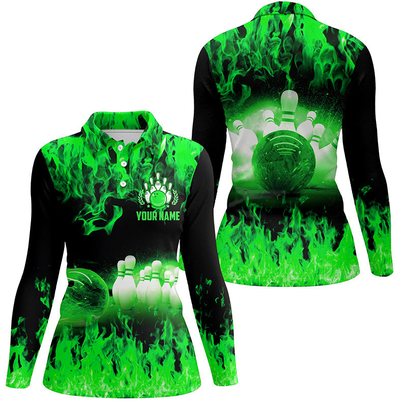 Green flame Women bowling polo shirts, Personalized Team league bowling shirts female bowling uniform NQS6367