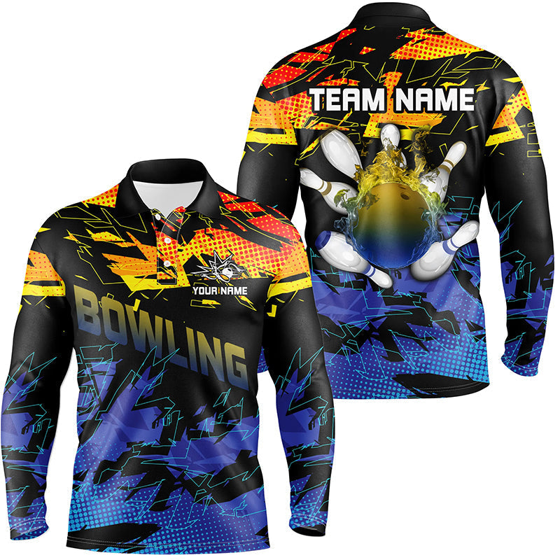 Blue and yellow camo bowling polo shirts for men Custom Team bowling jerseys for men, gift for bowlers NQS7284