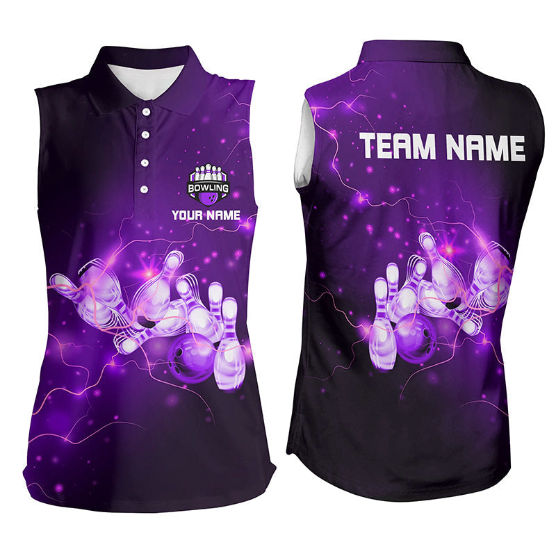 Womens Bowling sleeveless Polo Shirts Custom Purple flashes of lightning thunder team Ladies Jerseys NQS7045