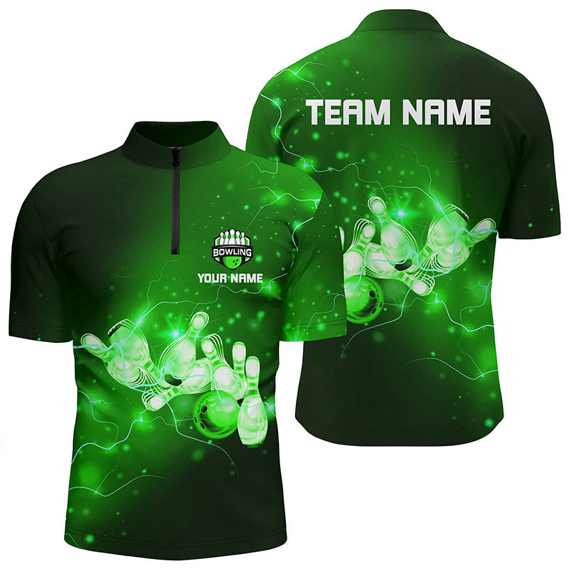 Mens Bowling Quarter-Zip Shirts Custom Green flashes of lightning thunder bowling team Mens Jerseys NQS7046