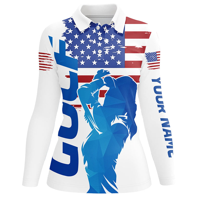 Red, white and blue Womens golf polo shirts custom American flag patriotic ladies golf attire NQS7294