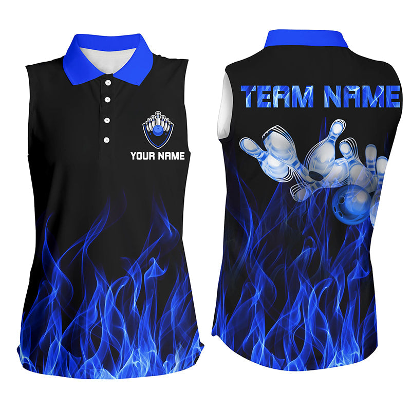 Personalized Women sleeveless polo shirts Blue Flame Bowling Ball and Pins bowling jerseys for Bowler NQS5488