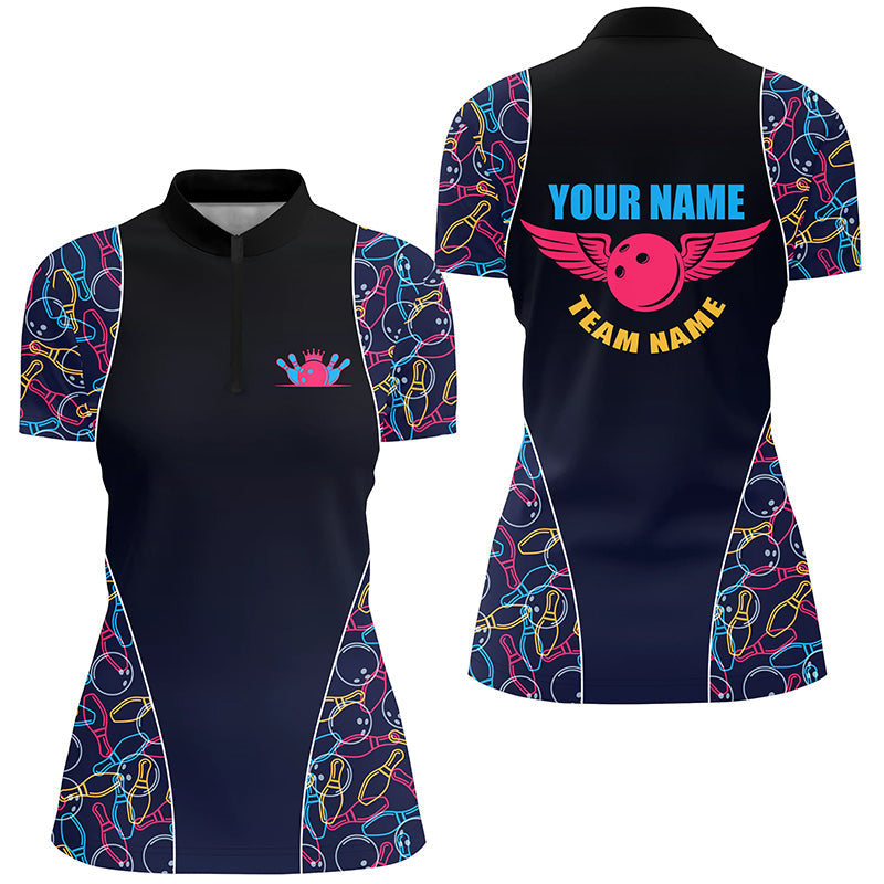 Custom Bowling pattern Quarter-Zip Shirts For Women, Personalized Bowling Team Jerseys NQS5492