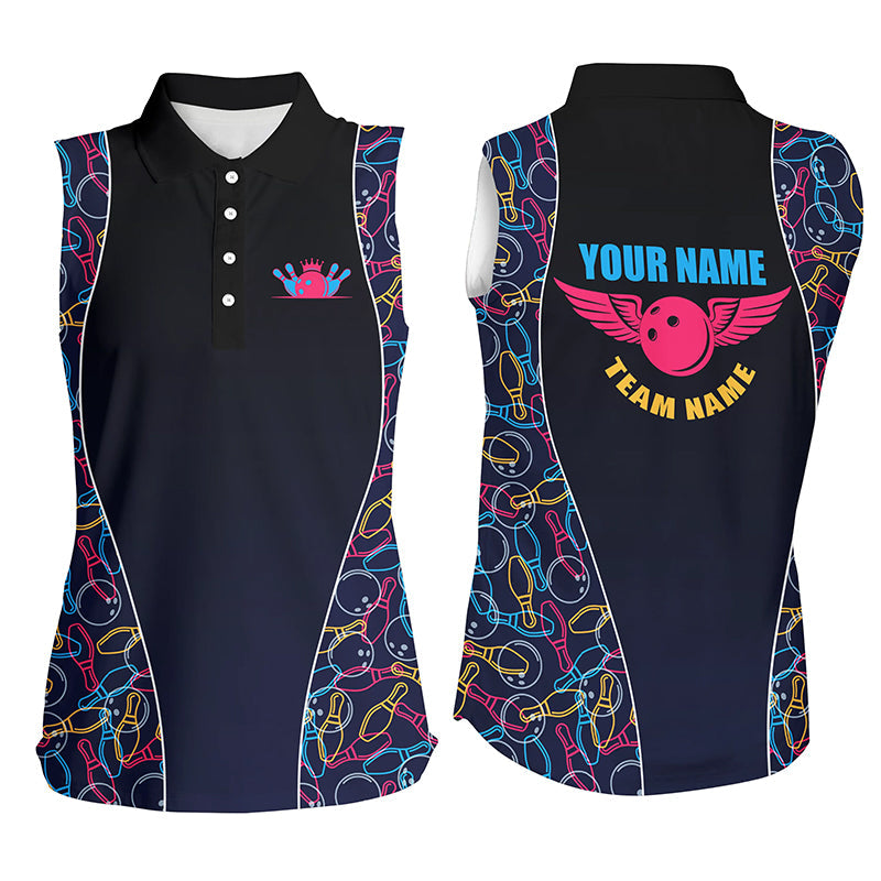 Custom Bowling pattern sleeveless polo Shirts For Women, Personalized Bowling Team Jerseys NQS5492