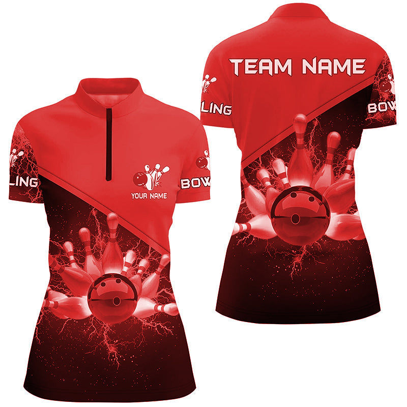 Womens Quarter Zip shirt Custom red lightning thunder Bowling Team Jersey, gift for team Bowlers NQS6622
