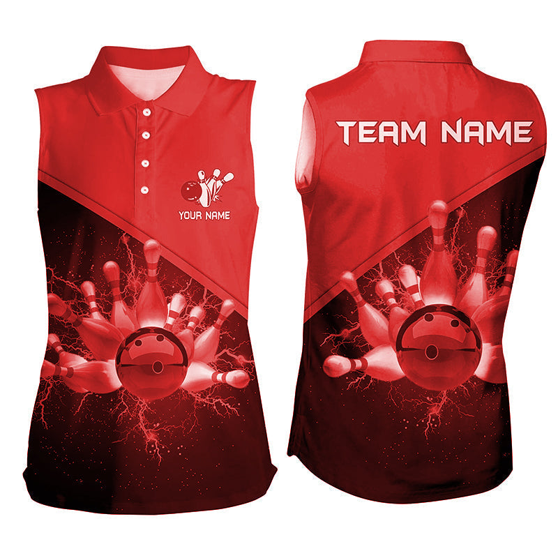 Women sleeveless polo shirts Custom red lightning thunder Bowling Team Jersey, gift for team Bowlers NQS6622