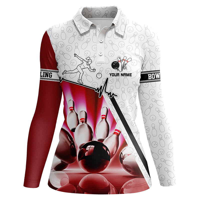 Personalized camo Bowling polo Shirts For Women, Bowling Ball pins Custom bowling Team Shirt | Pink NQS5970
