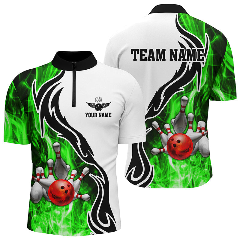 Mens bowling Quarter Zip shirt Custom bowling ball pins strike team league jersey, bowl gifts | Green NQS6405
