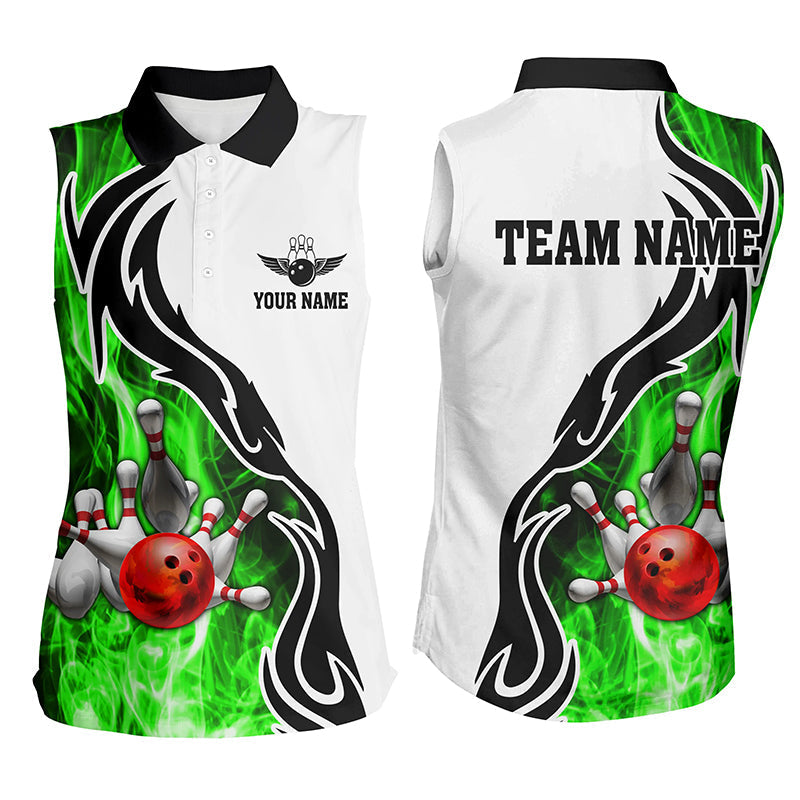 Women sleeveless polo shirts Custom bowling ball pins strike team league jersey, bowl gifts | Green NQS6405