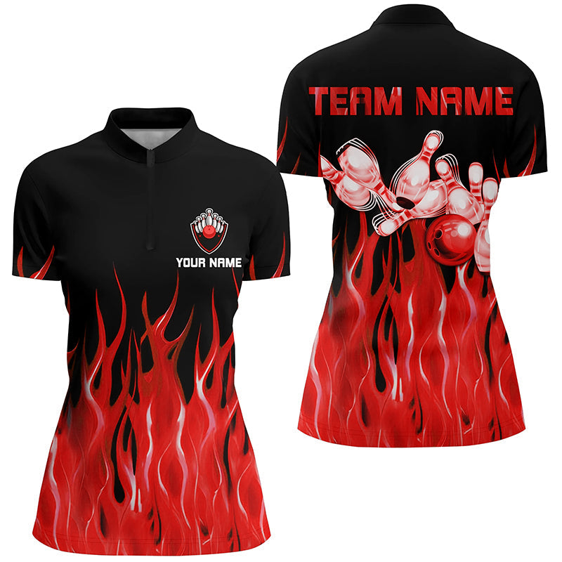Red flame Bowling Quarter-Zip Shirt Women black Bowling Jerseys Personalized Bowling Team Shirts NQS7052