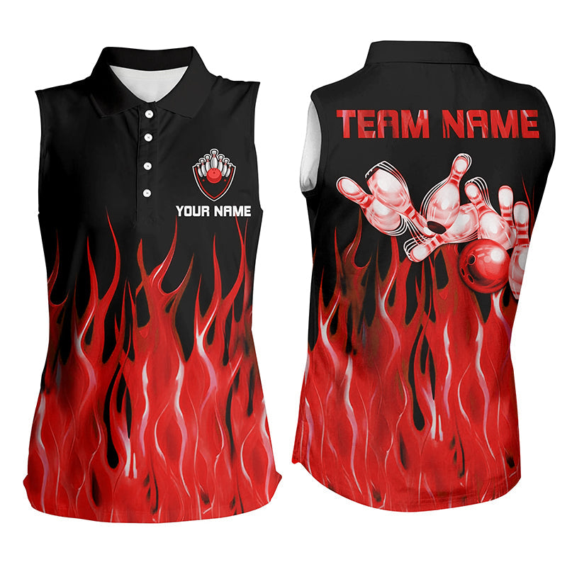 Personalized Women sleeveless polo shirts Red Flame Bowling Ball Pins bowling jerseys for Bowler NQS7052
