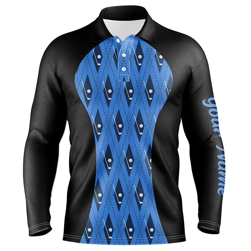 Mens golf polo shirt custom black and blue argyle pattern golf clubs, team golf tops for men NQS7313