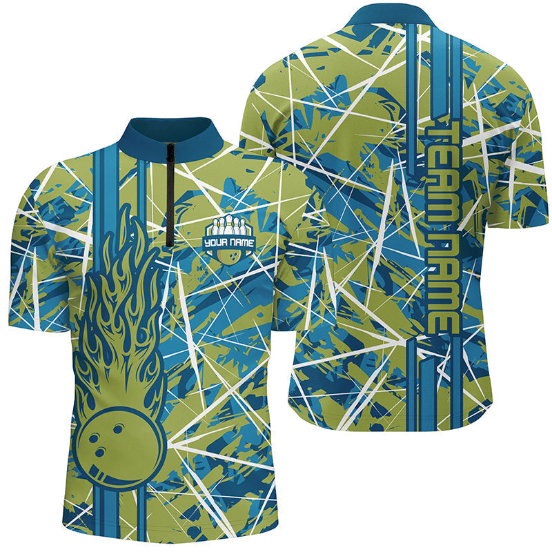 Green flame bowling ball camo custom Mens Quarter Zip Shirts, team bowling jerseys gift for bowler NQS7508