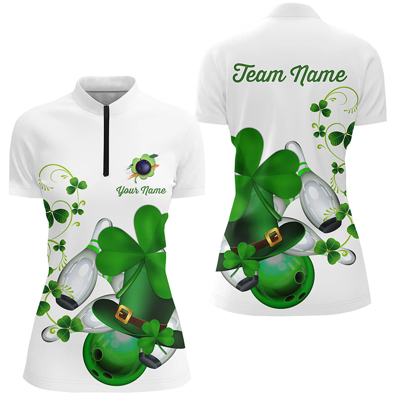 Green shamrock lucky Women bowling Quarter Zip shirt Custom St Patrick Day team bowling jersey NQS7060