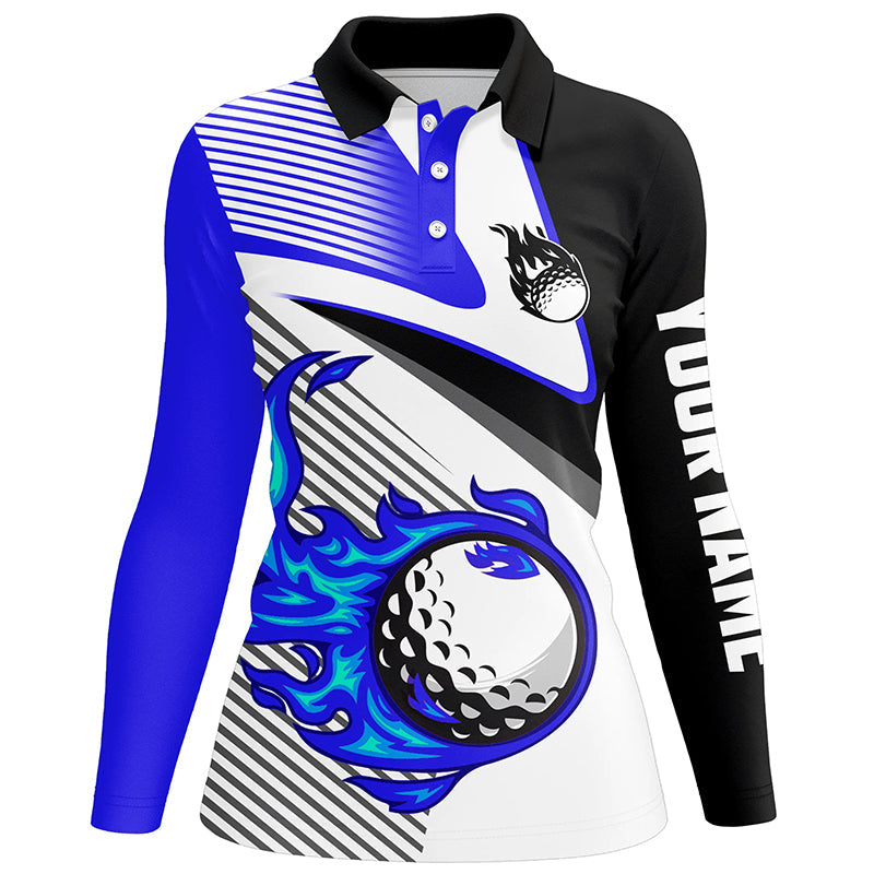 Womens golf polo shirts custom flame golf ball fire golf apparel for ladies, unique golf gifts | Blue NQS7520