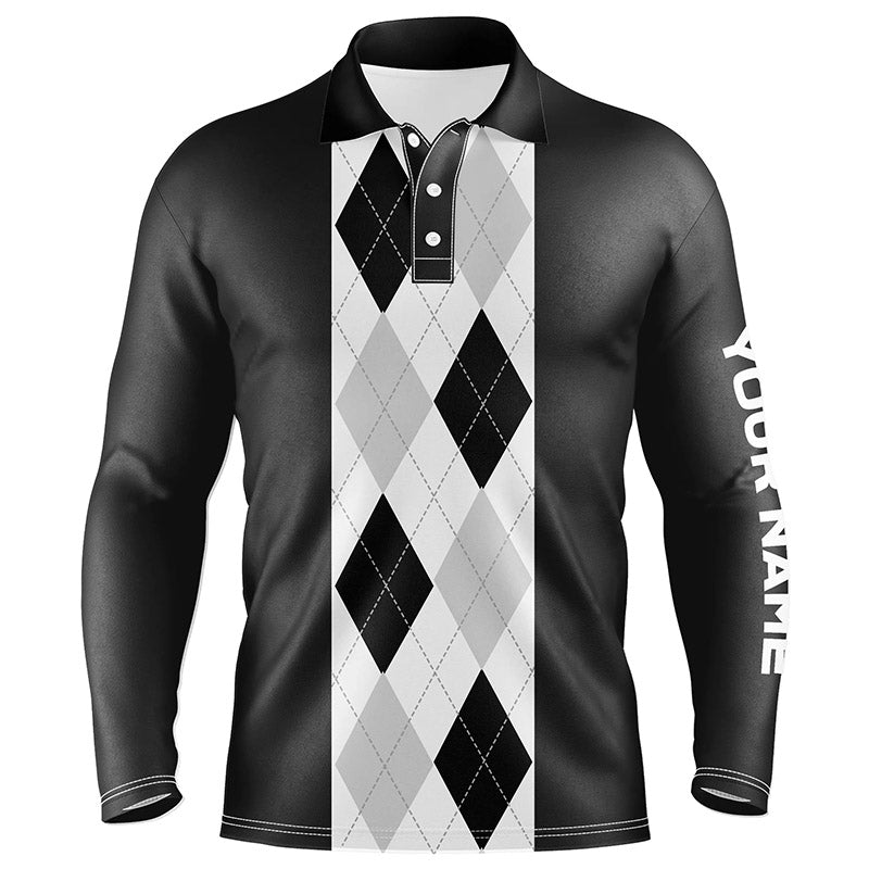 Black argyle plaid pattern Mens golf polo shirt custom golf polos shirt for men, golfing gifts NQS7192