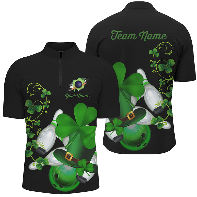 Green shamrock lucky Men bowling Quarter Zip shirt Custom St Patrick Day black team league jersey NQS7195