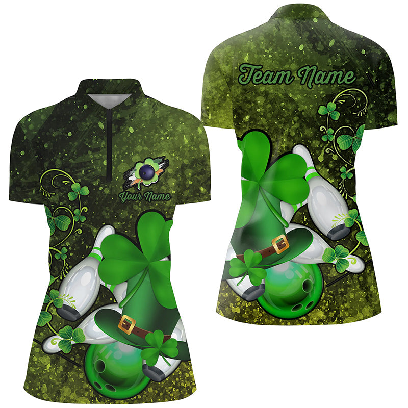 Green grunge shamrock lucky Women bowling Quarter Zip shirt Custom St Patrick Day team bowling jersey NQS7196