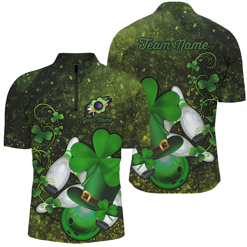 Green grunge shamrock lucky Men bowling Quarter Zip shirt Custom St Patrick Day team league jersey NQS7196