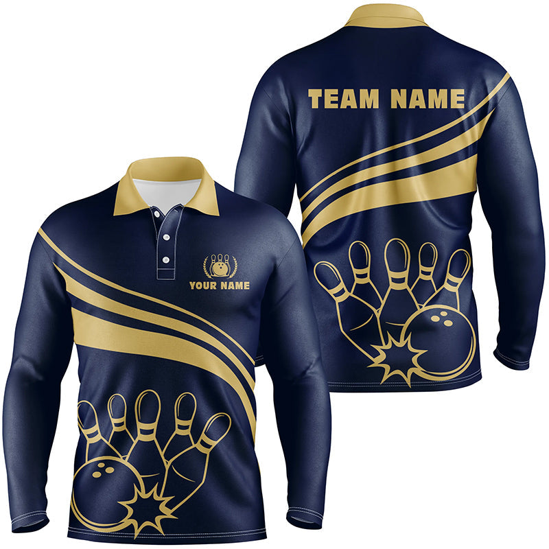 Personalized gold bowling polo shirts for men, custom men's bowling shirt team bowl jersey | Navy NQS6707