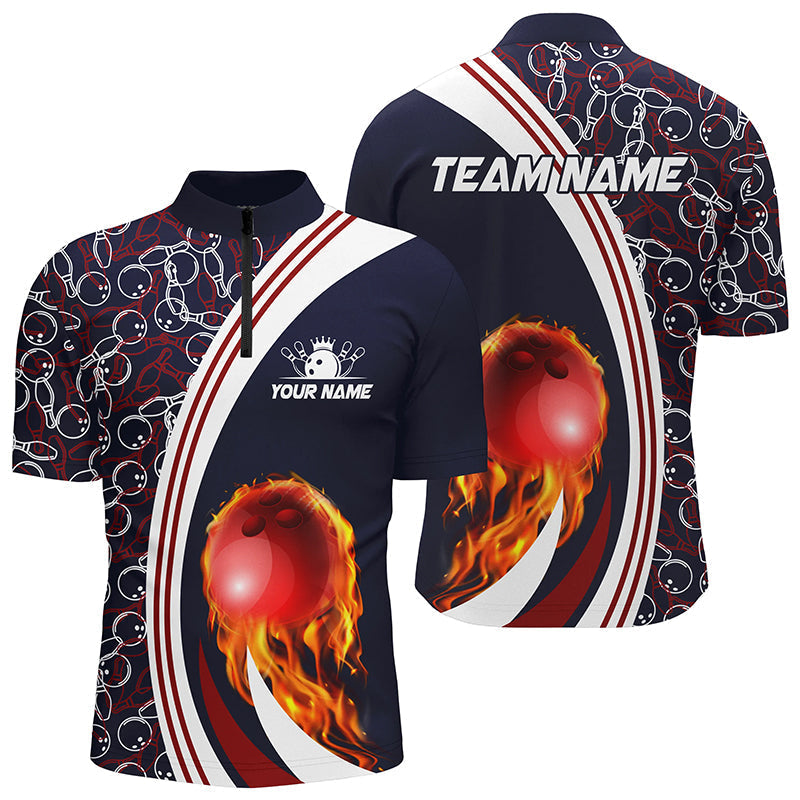 Bowling Quarter Zip Shirt For men Custom camo flame bowling ball fire Bowling Team League Jersey| Navy NQS6716