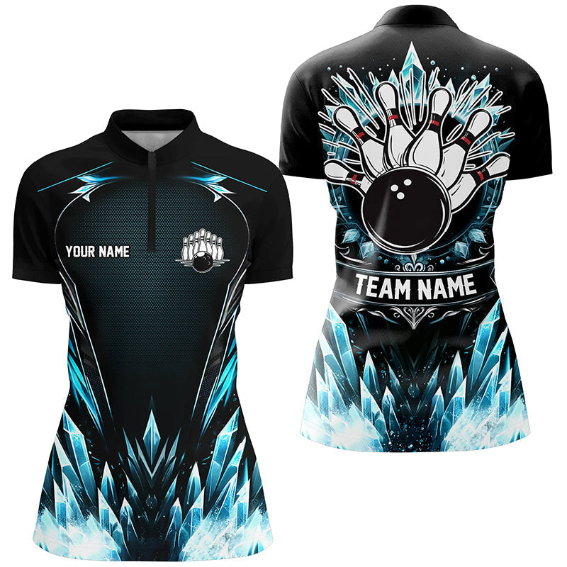 Icy Blue Light Women bowling Quarter Zip shirt Custom black team jerseys for mens, gift for bowlers NQS7212