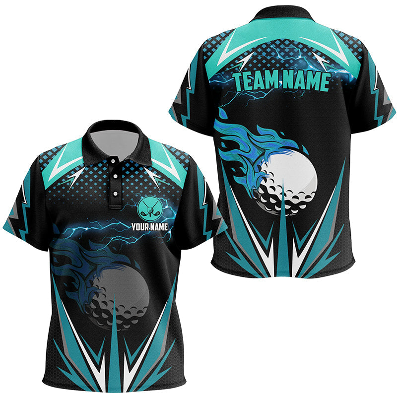 Black Kid golf polo shirts custom Cyan Blue fire lightning team golf jerseys, golf attire for kid NQS7944