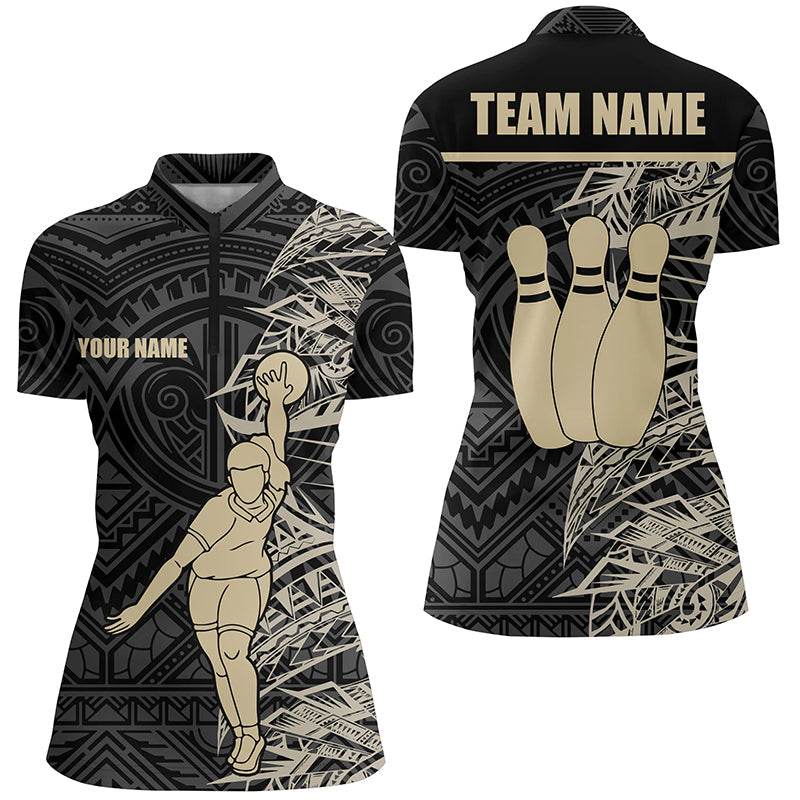 Personalized Bowling Quarter-Zip Shirts for women Golden Black Tribal team Bowling Jersey Gift For Her NQS6031