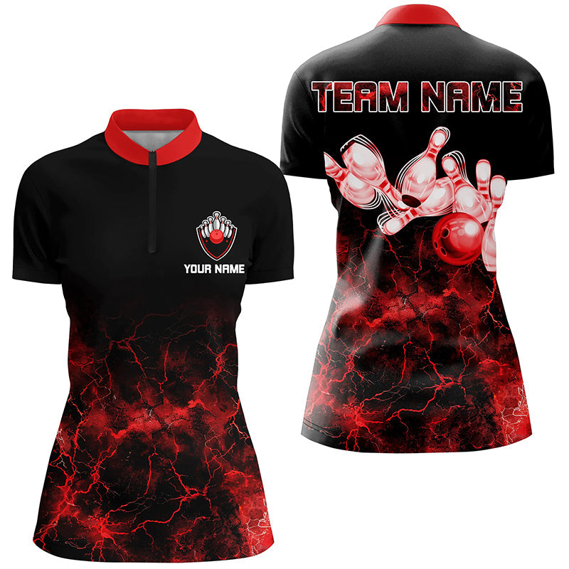Personalized Bowling Quarter-Zip Shirt Women Red lightning Bowling Ball Pins bowling jersey for Bowler NQS7376