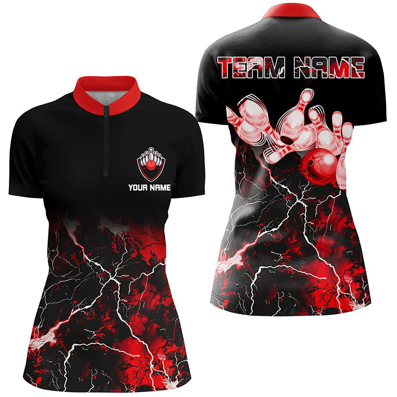Bowling Quarter-Zip Shirt Women Red lightning thunder custom Bowling Ball Pins jerseys for Bowler NQS7377