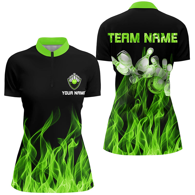 Green flame Bowling Quarter-Zip Shirt Women black Bowling Jerseys Personalized Bowling Team Shirts NQS6034