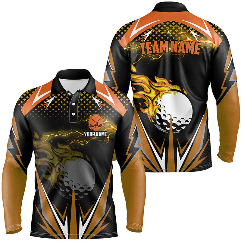 Black Mens golf polo shirts custom Orange fire lightning team golf jerseys, golf attire for men NQS7381