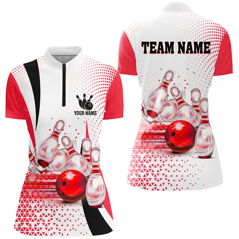 Womens bowling Quarter Zip shirt Custom bowling ball pins bowling team shirts, gifts for bowlers | Red NQS7392
