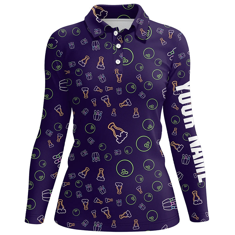 Neon beer glowing Bowling pattern Custom Women bowling polo shirt, bowling team league jerseys NQS6763