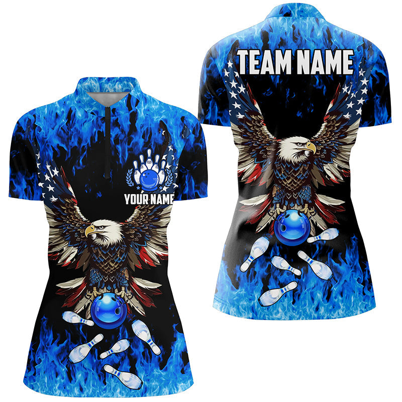 Blue flame Womens bowling Quarter Zip shirts Custom American flag Eagle Team bowling shirts NQS7403