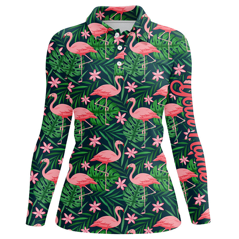 Womens golf polo shirts custom pink flamingo green tropical leaf pattern golf apparel for team ladies NQS7978