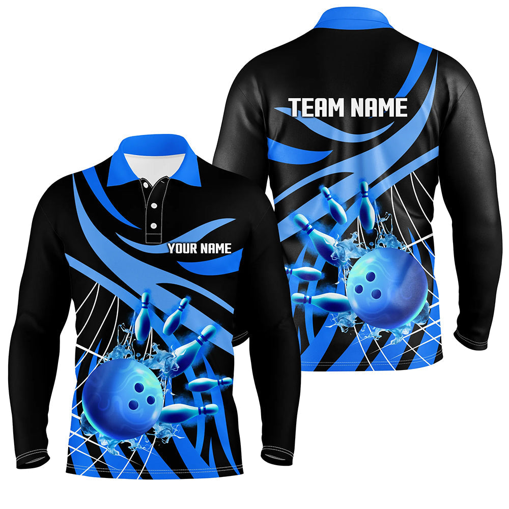 Blue flame bowling polo shirts for men Custom Team bowling jerseys for men, gift for bowlers NQS7243