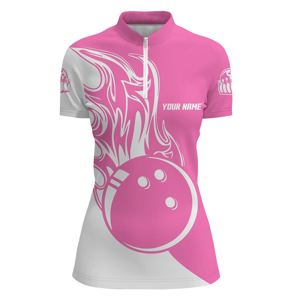 Pink and white Bowling ball fire Women Quarter-Zip shirts custom Bowling Team Jerseys NQS6088