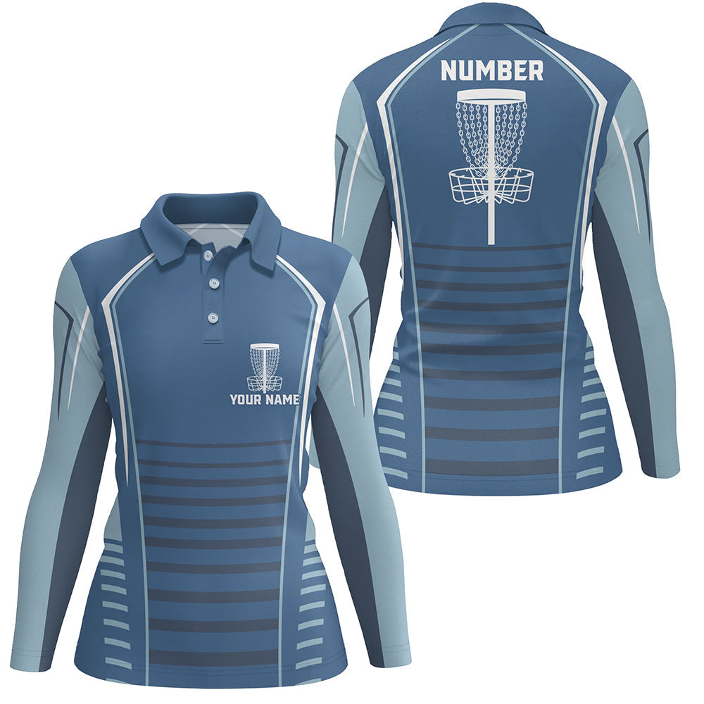 Womens golf polo shirts custom blue pattern disc golf basket, personalized disc golf outfit NQS7249