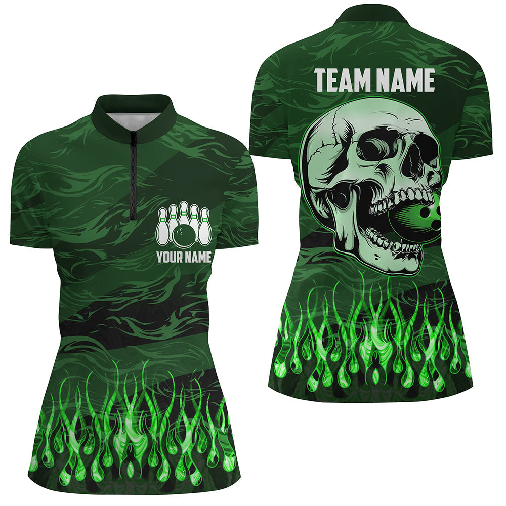 Women bowling Quarter Zip shirts Custom Green camo Flame Skull Bowling Team Jerseys, gift for Bowlers NQS7431