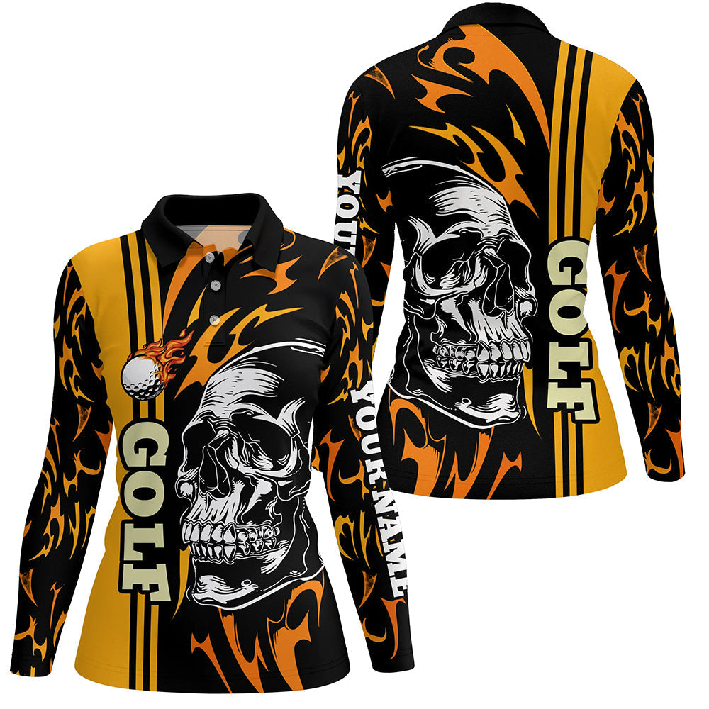 Personalized Womens golf polo shirts custom black and yellow skull golf top for ladies, golfing gifts NQS7274