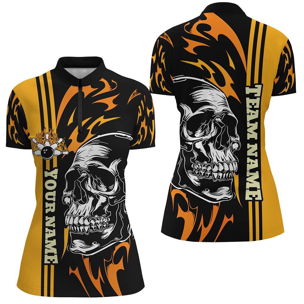 Womens bowling Quarter Zip shirt Custom black yellow flame skull Bowling ball pin Team league Jersey NQS7275