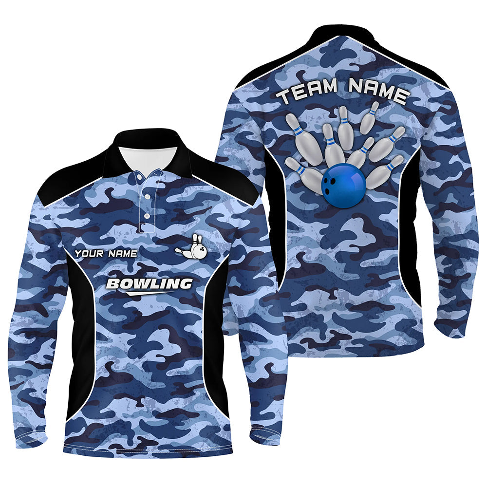 Mens polo bowling shirts Custom bowling ball and pins blue camo Bowling Team Jersey for men NQS6361