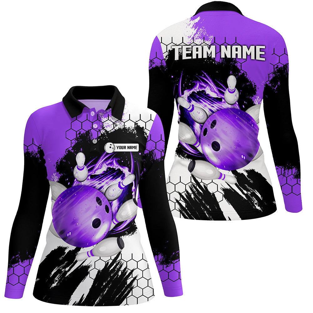 Purple Flame bowling ball and pins jerseys Custom Team League Bowling Polo Shirts For Women NQS6578