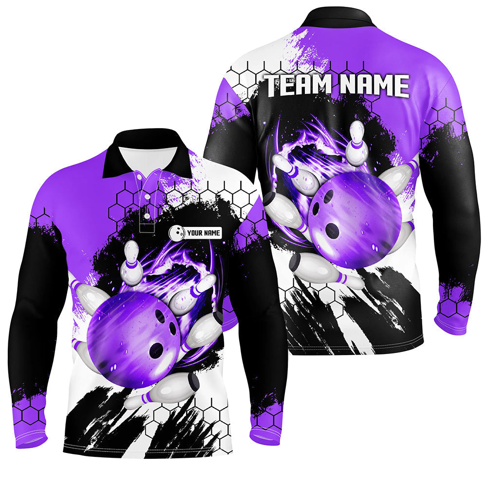 Purple Flame bowling ball and pins jerseys Custom Team League Bowling Polo Shirts For Men NQS6578