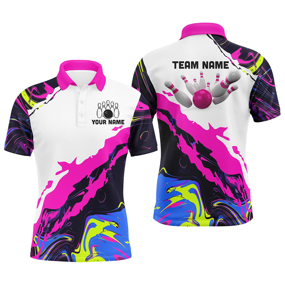 Mens Bowling polo shirts Custom Bowling ball and pins Team league Jerseys, gifts for bowlers | Pink NQS7283