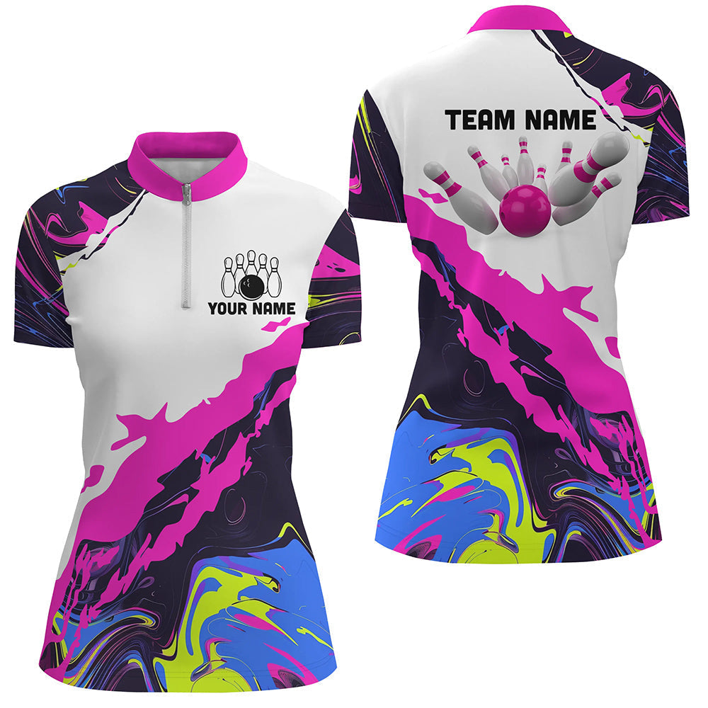 Women bowling Quarter Zip shirt Custom Bowling ball pins Team league Jerseys, gifts for bowlers | Pink NQS7283