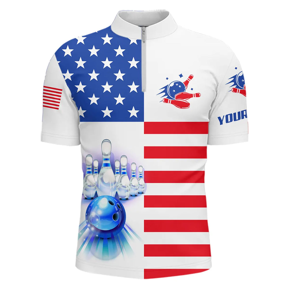 Men's Quarter Zip shirts Custom American flag patriotic Bowling Team Jersey, customize bowling shirts NQS6384