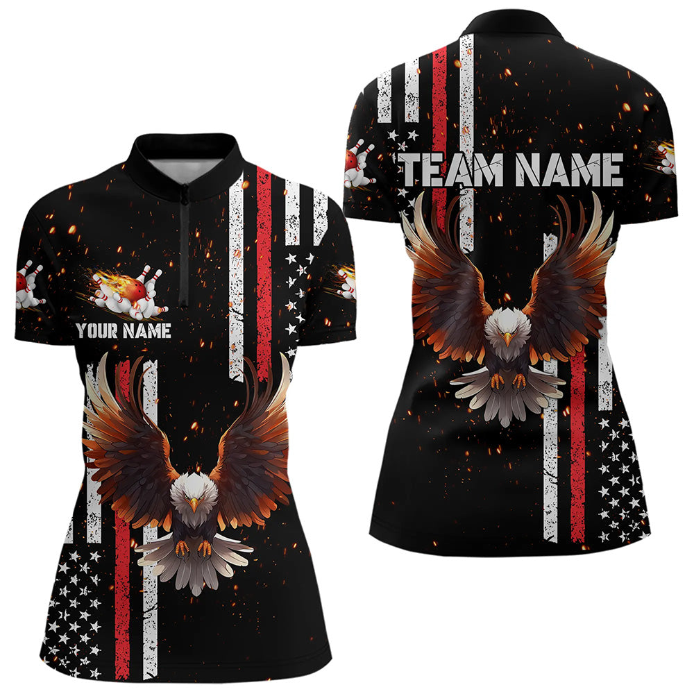 Personalized Black American Flag Flame Eagle Bowling Shirts For Women Custom patriotic bowling jerseys NQS9549