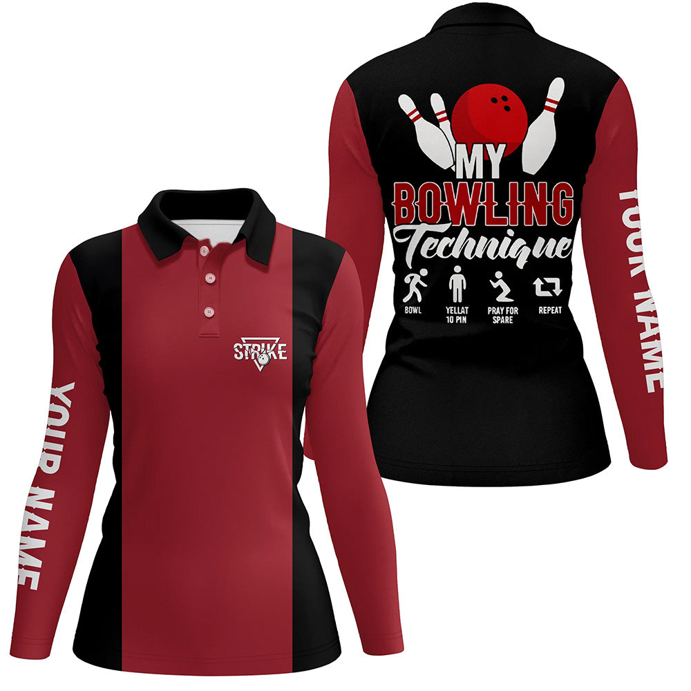 Red black vintage Womens bowling polo shirt Custom my bowling technique strike Bowling Team Jersey NQS5487